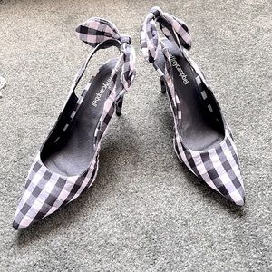 Black and White Checkerboard Pointed Toe Slingback Heels with Bows